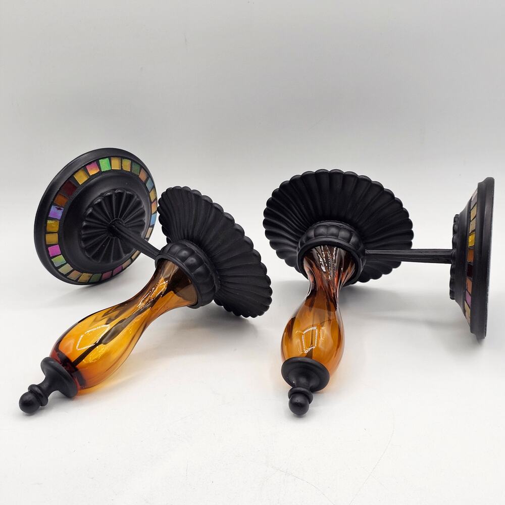 PartyLite Global Fusion Mosaic Wall Sconce Set Amber Blown Glass Candle Holder - Picture 4 of 10